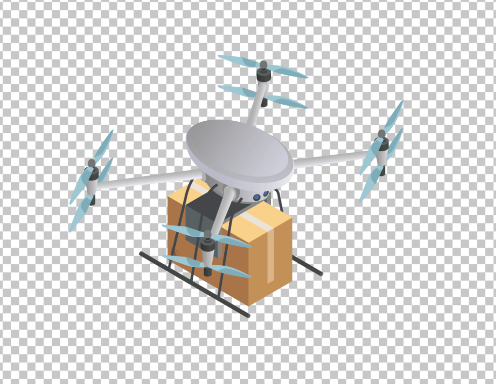 Delivery Drone with carrying a cardboard box on a transparent background.
