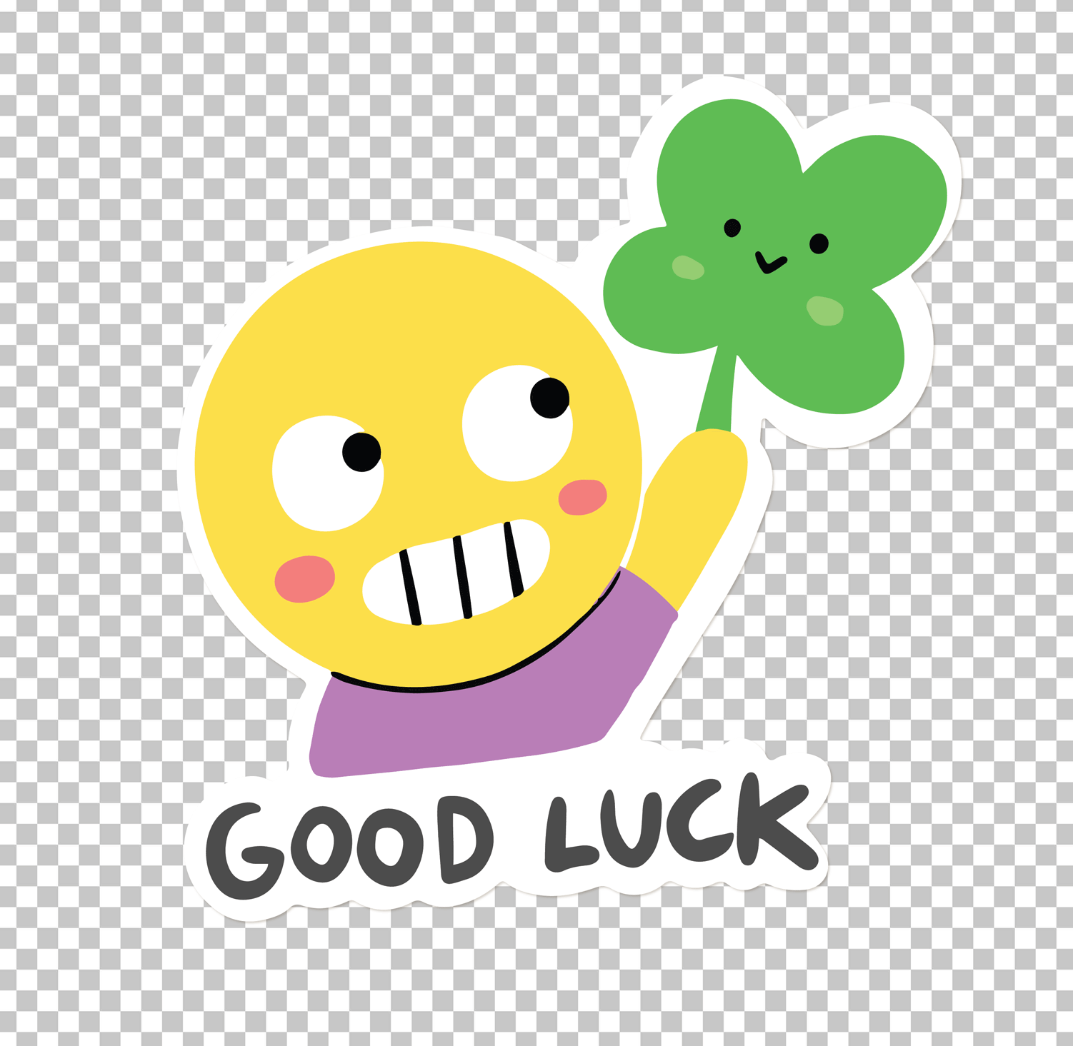 Cartoon smiley face holding a four-leaf clover, good luck message Sticker PNG Image.