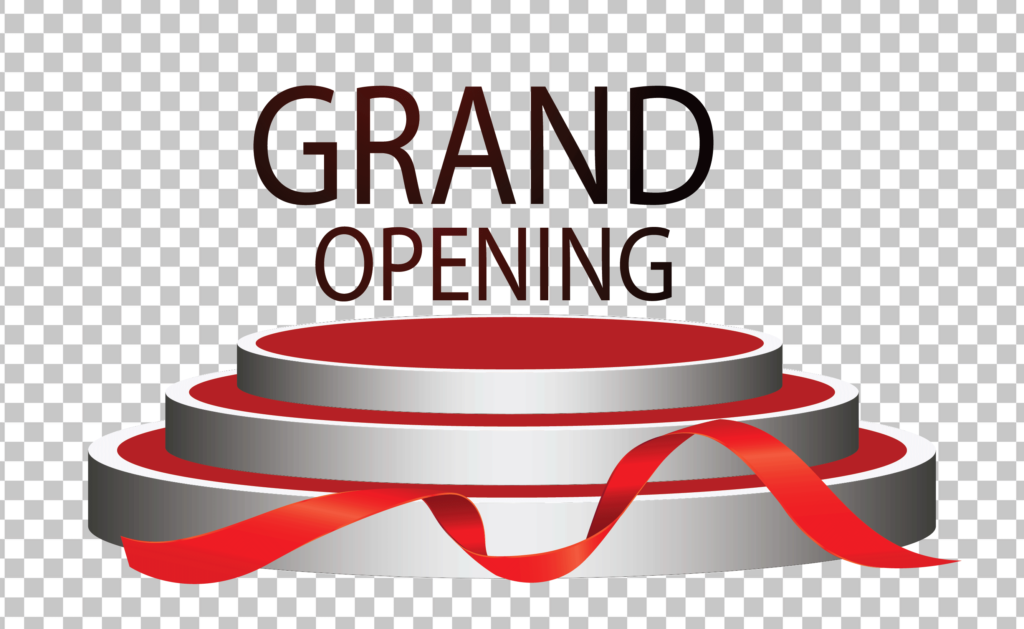 Image of a grand opening podium with a red ribbon on a transparent background.