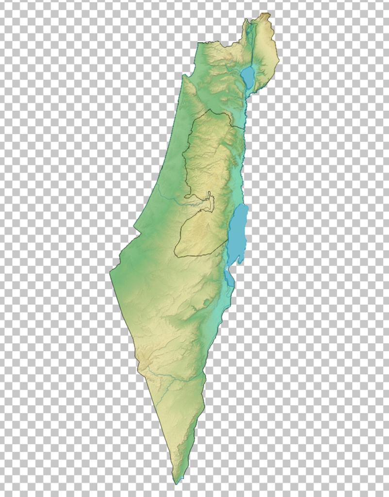 Relief map of Israel, showing the country's topography in different colors representing different elevations.
