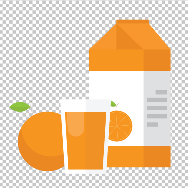 A carton of orange juice, a glass of orange juice, and an orange on a transparent background.