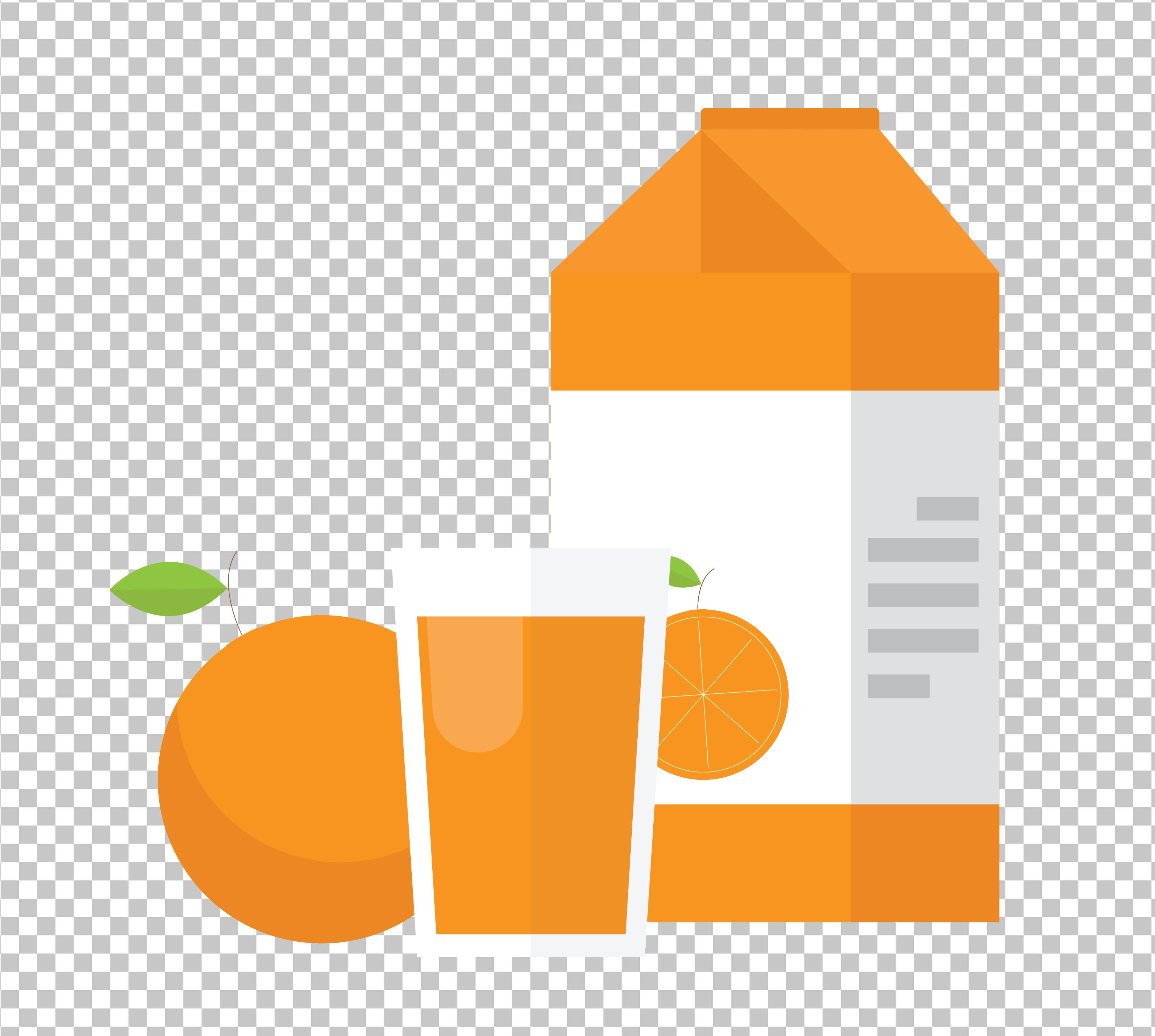 A carton of orange juice, a glass of orange juice, and an orange on a transparent background.