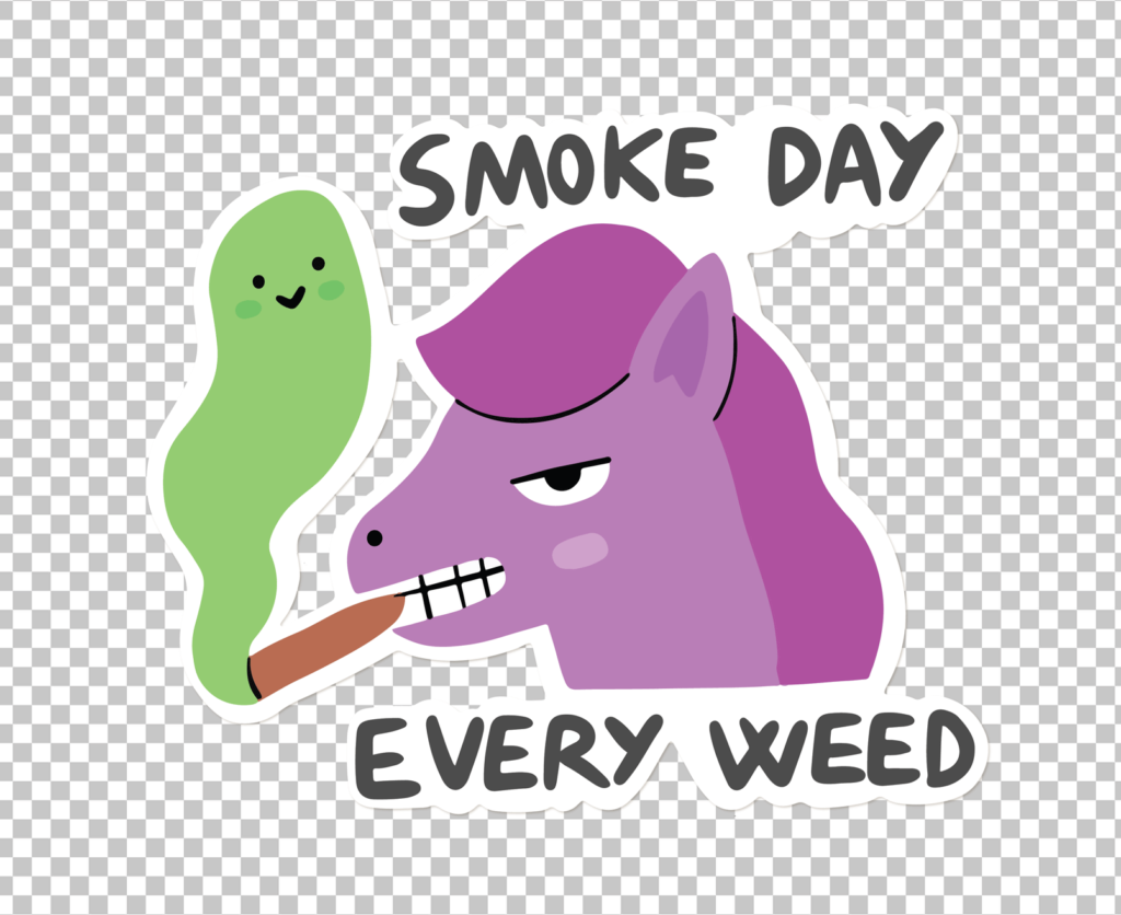 Cartoon Sticker of a purple horse smoking a cigar with written text SMOKE DAY EVERY WEED.