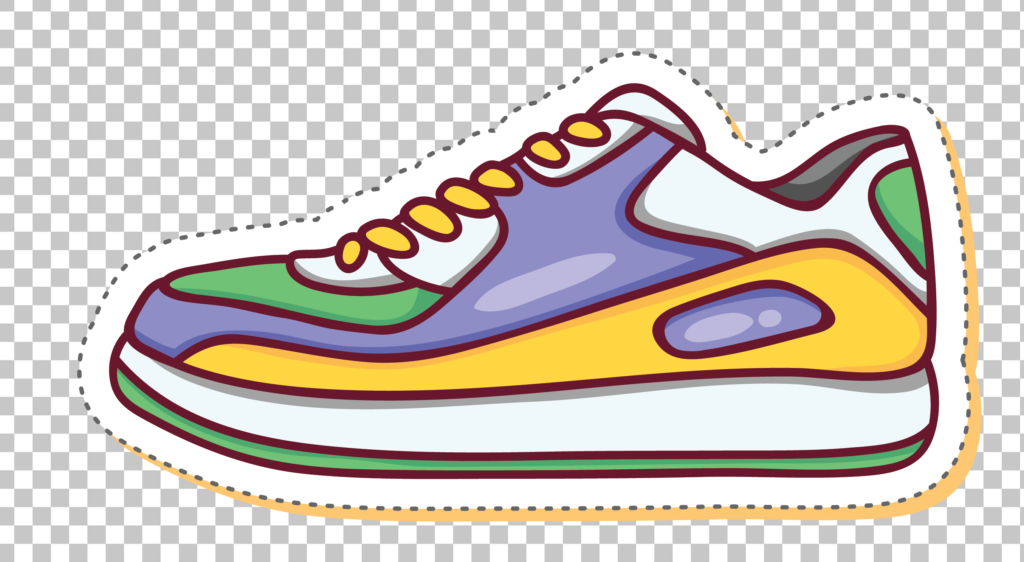 Cartoon illustration of a purple, yellow, and green Sneaker Sticker.