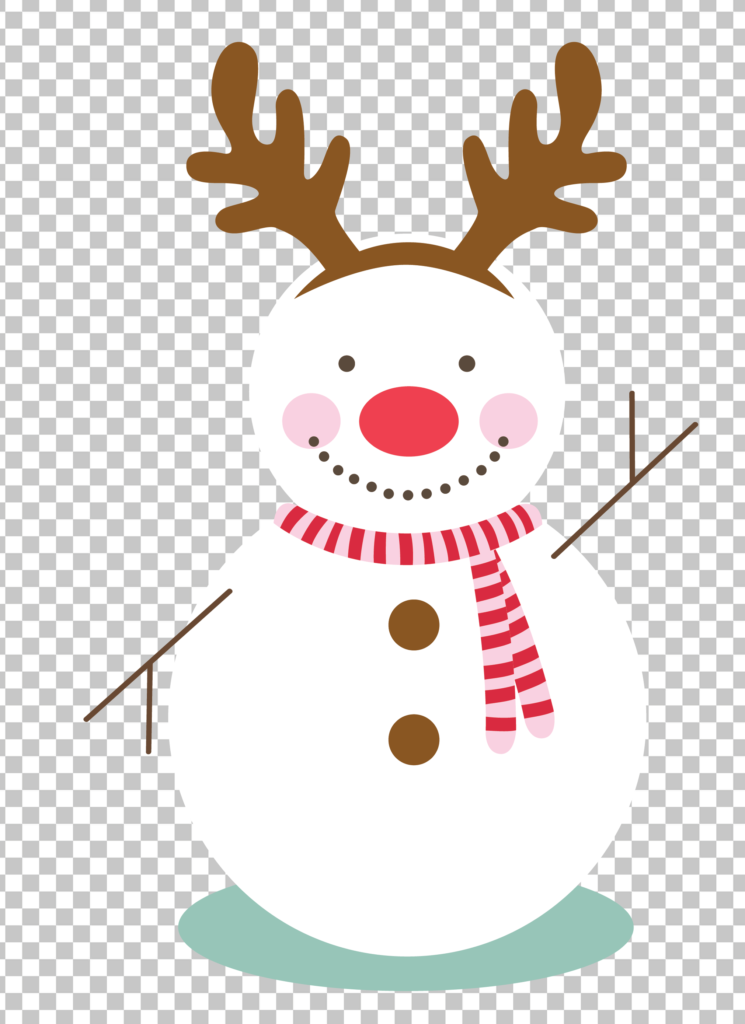 Snowman with Reindeer Antlers and a scarf on a transparent background.