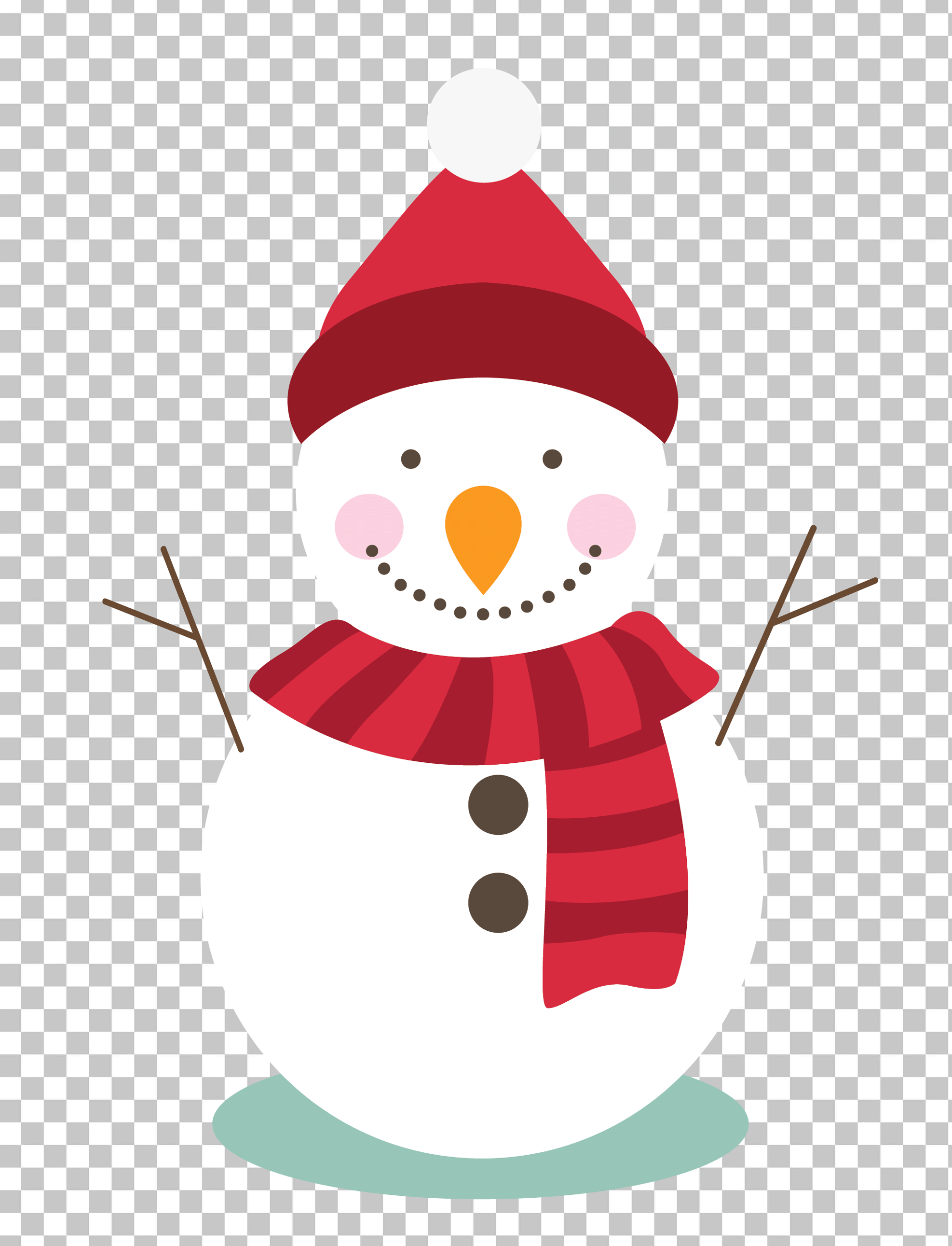 Snowman wearing a red hat and scarf.