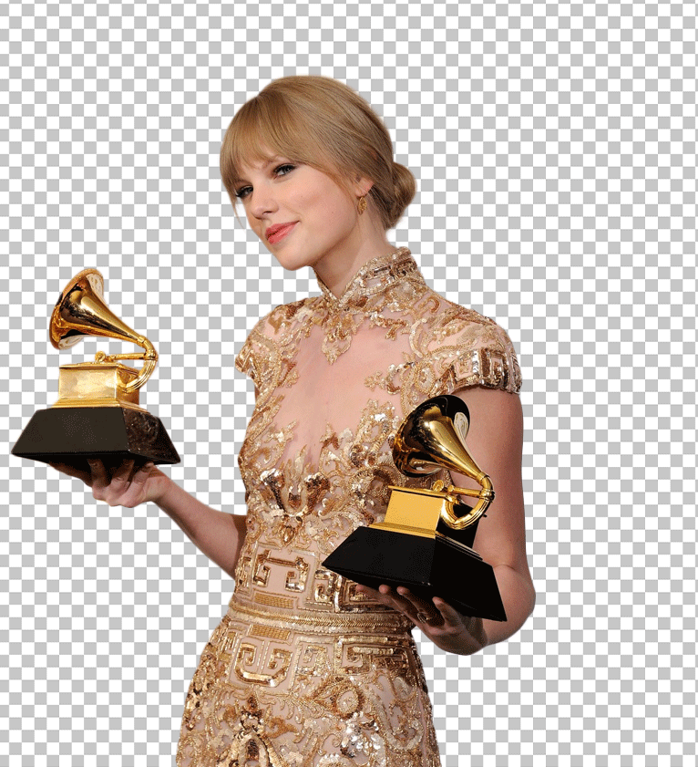 Taylor swift holding two Grammy awards PNG Image.