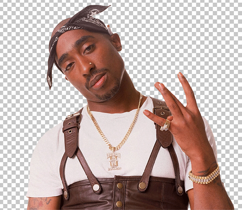 2Pac is wearing a brown leather vest and a black bandana around his Head PNG Image.
