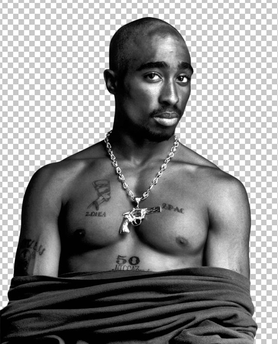 Black and white Tupac Shakur shirtless and looking to the side PNG Image.