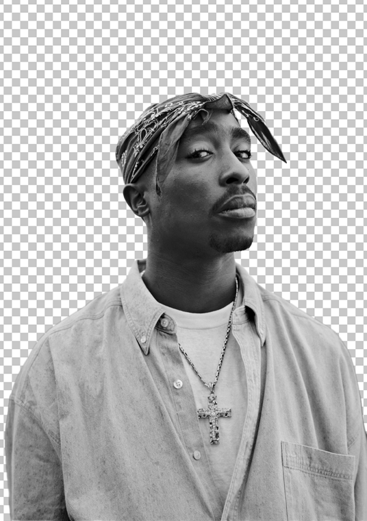 black and white photograph Tupac wearing a white shirt and a black bandana around his head Transparent Image.