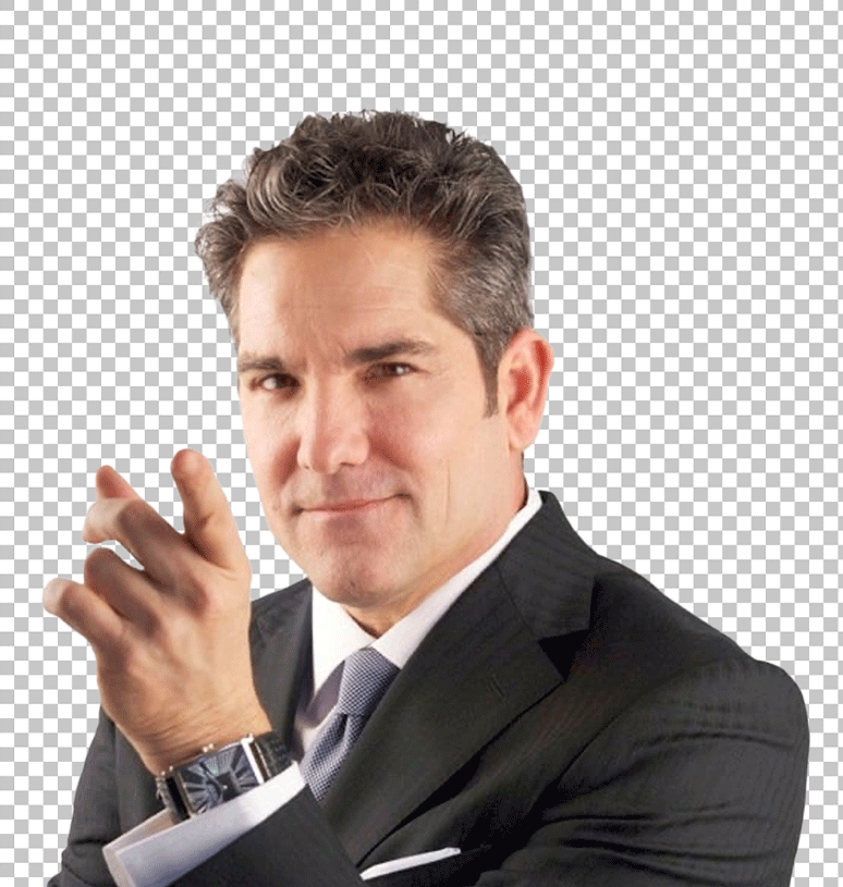 In this image, Grant Cardone, dressed in a suit and tie, directs attention by pointing his finger.