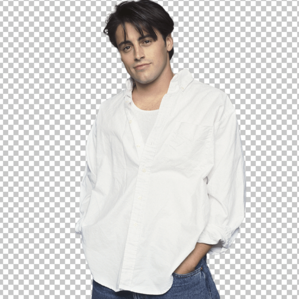 Joey Tribbiani, standing in a white shirt and jeans.