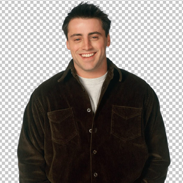 Joey Tribbiani smiling and wearing a brown jacket and jeans PNG Image