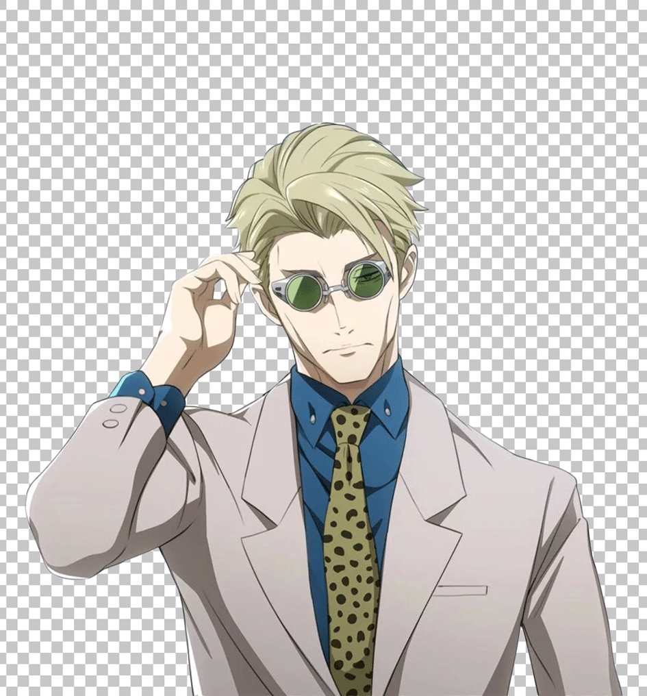 Kento Nanami, an anime character, exudes style in a suit and sunglasses.