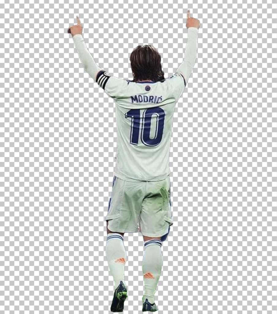 Luka Modric, Real Madrid football player, pointing up, wearing Real Madrid jersey - PNG clipart.