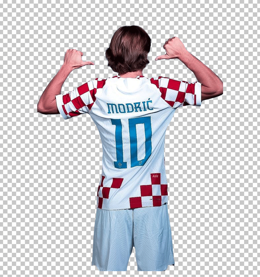 Croatia's national football team jersey PNG featuring Luka Modric's back view, proudly wearing the Croatian jersey.