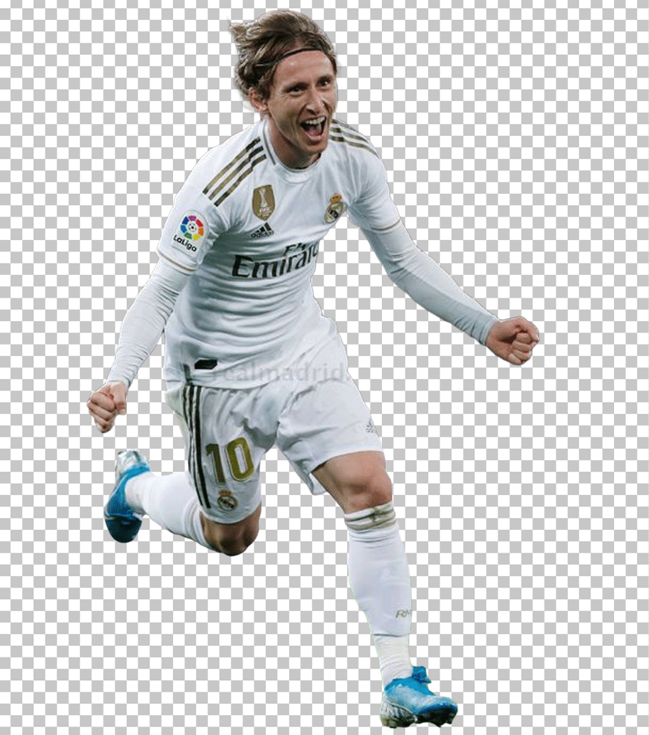"Luka Modric, Real Madrid football player, running in celebration, wearing Real Madrid jersey