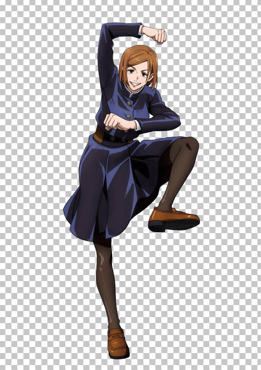 A PNG image of Nobara Kugisaki, an anime character, dancing in a blue dress and brown boots.
