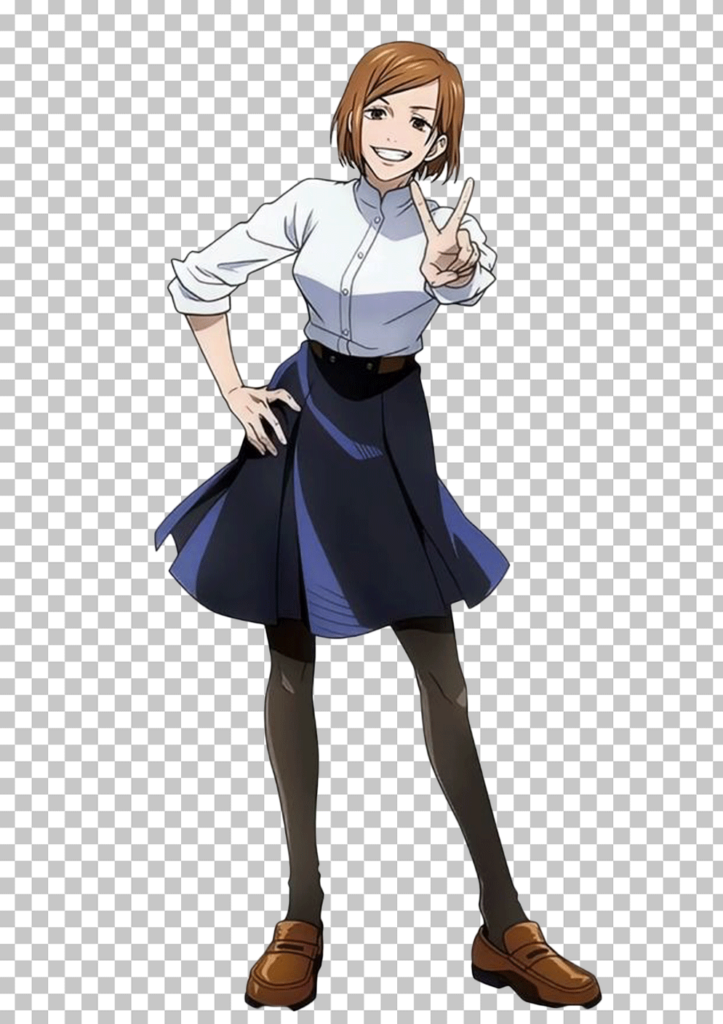 Nobara Kugisaki, an anime girl, wearing a white shirt and blue skirt, giving a peace sign.