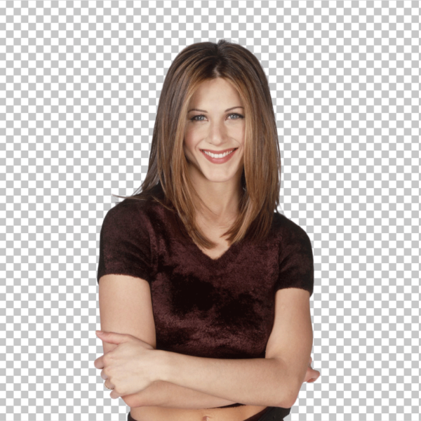 Rachel Green smiling and wearing a brown top and black pant PNG image
