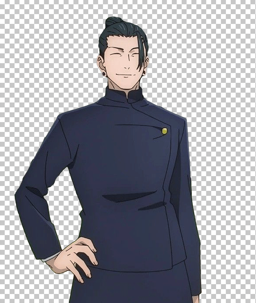 An anime character in a black suit, hands on hips, Suguru Geto smiling - PNG Image.