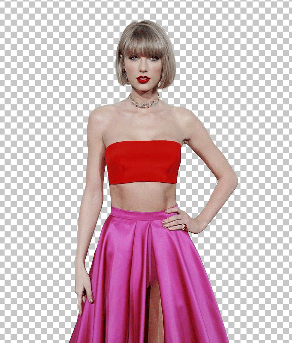 Taylor Swift in short hair, wearing a red top and pink skirt PNG Image