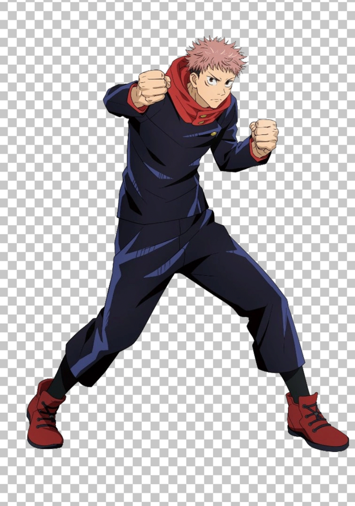 Yuji Itadori PNG image features an anime character sporting striking red hair and a sleek black outfit.