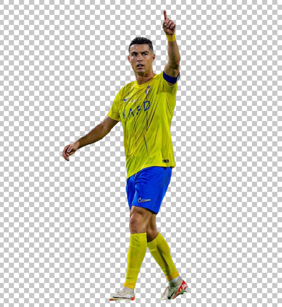 Cristiano Ronaldo in Al Nassr jersey and pointing up PNG image