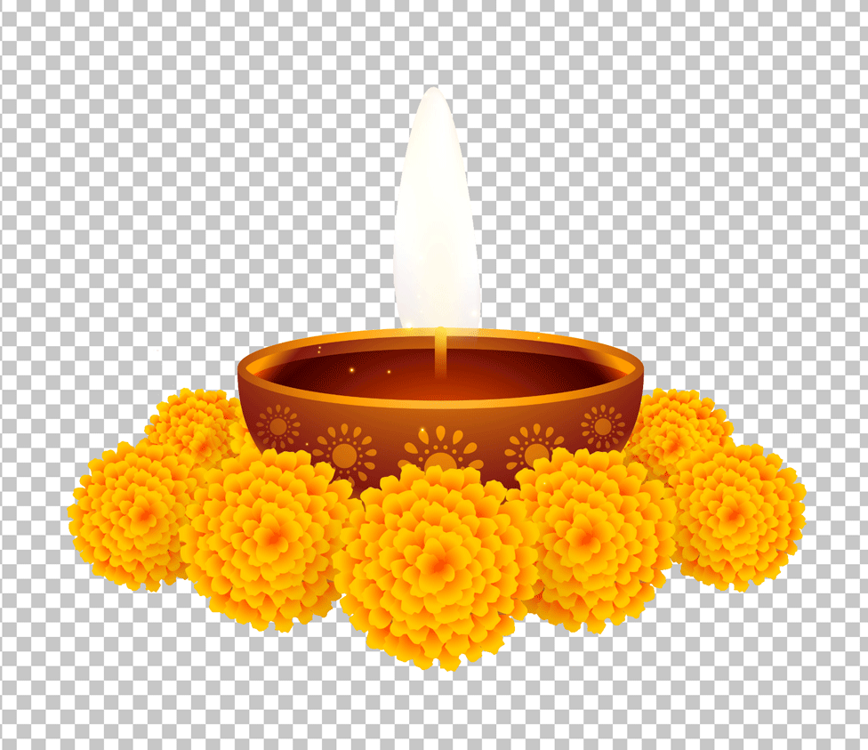 Diwali Diya in a Bowl Surrounded by Yellow Flowers PNG Image.