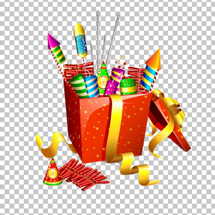 Red Gift Box Filled with Colorful firecrackers PNG Image
