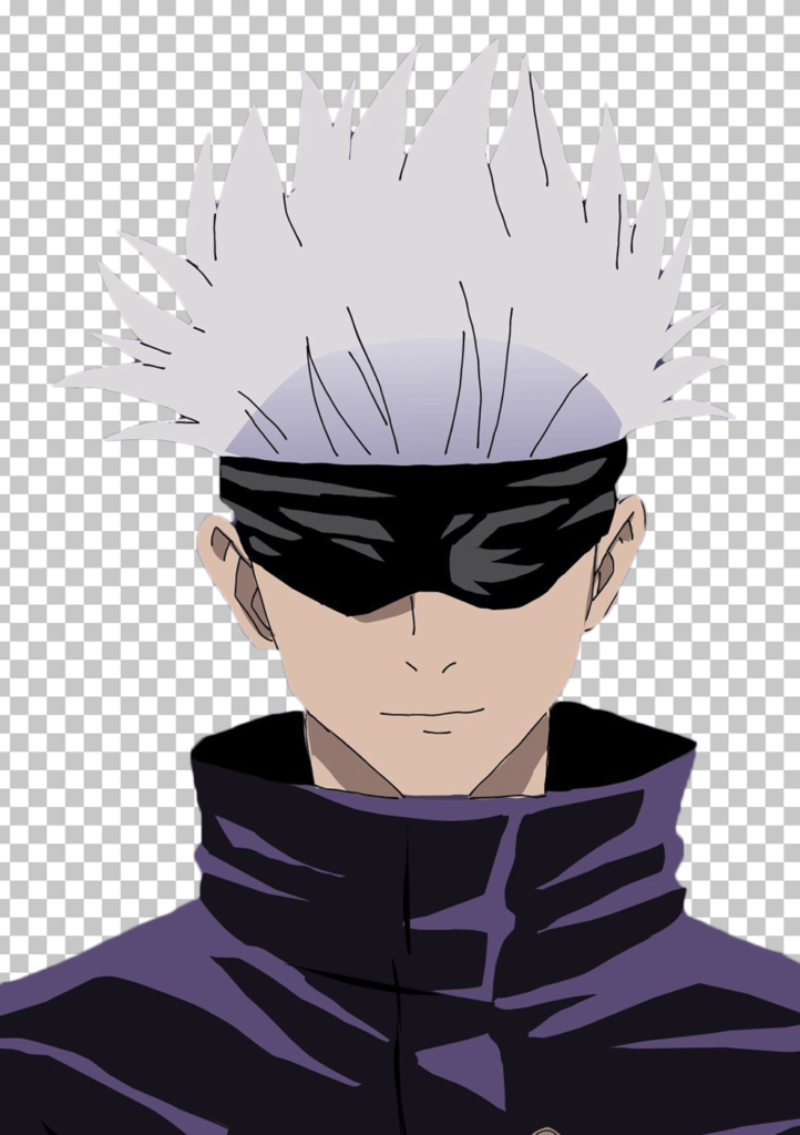 A Satoru Gojo PNG image featuring an anime character with white hair and black glasses.
