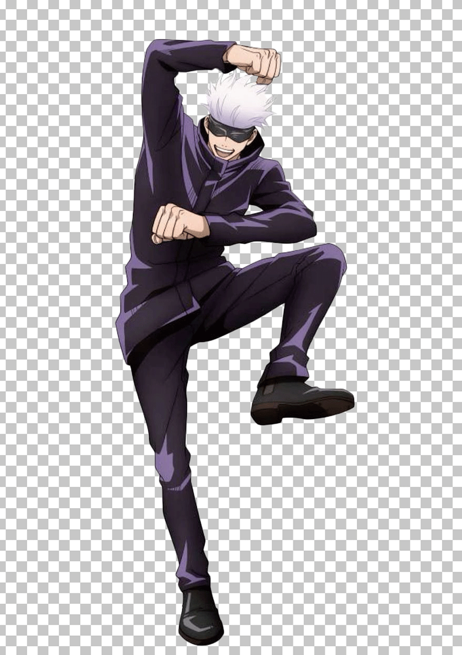 Gojo Satoru dancing in purple pants and black jacket.