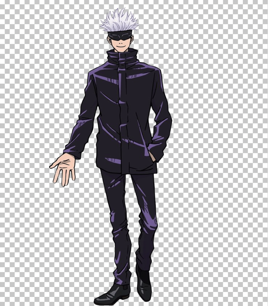A PNG image of Gojo Satoru, an anime character with white hair, glasses, and a black suit, standing and smiling.