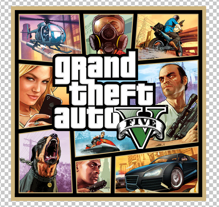 Grand Theft Auto V poster features the three main protagonists of the game: Michael, Franklin, and Trevor, standing in front of the iconic Mount Chiliad.