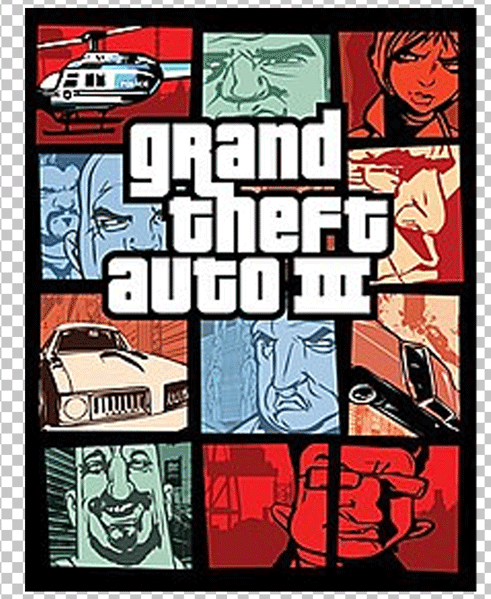 A poster for the video game Grand Theft Auto III, featuring the game's logo and an image of the protagonist, Claude Speed, standing in front of a burning car.