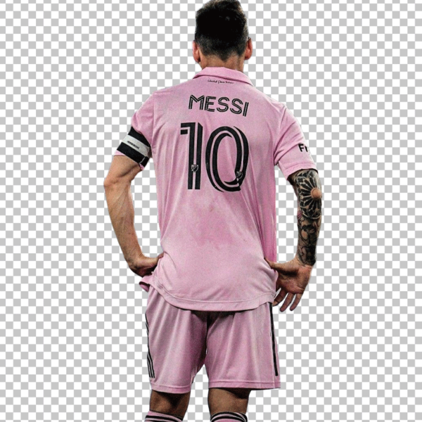 Back view of Lionel Messi in a pink Inter Miami CF jersey, featuring the number 10. PNG image.