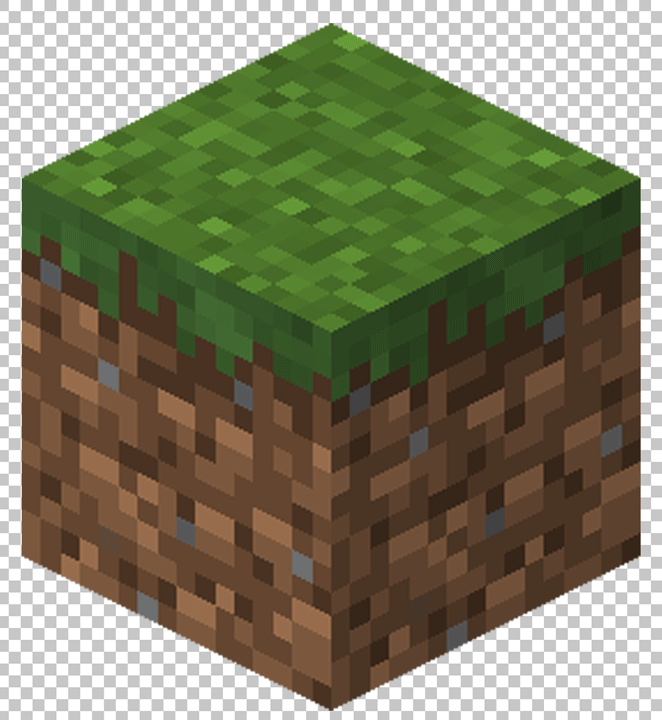 A textured cube with a green top and brown sides, representing a grass block from the video game Minecraft.