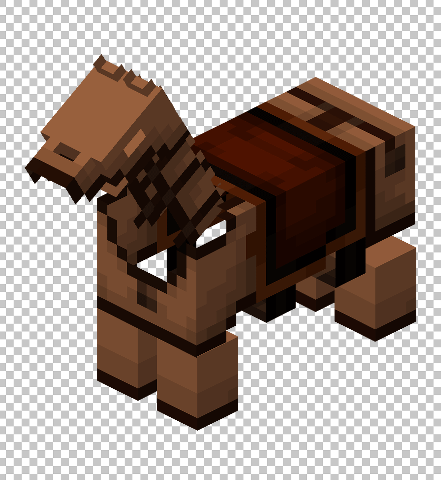 A brown Minecraft horse, adorned in full leather horse armor, standing on a transparent background.