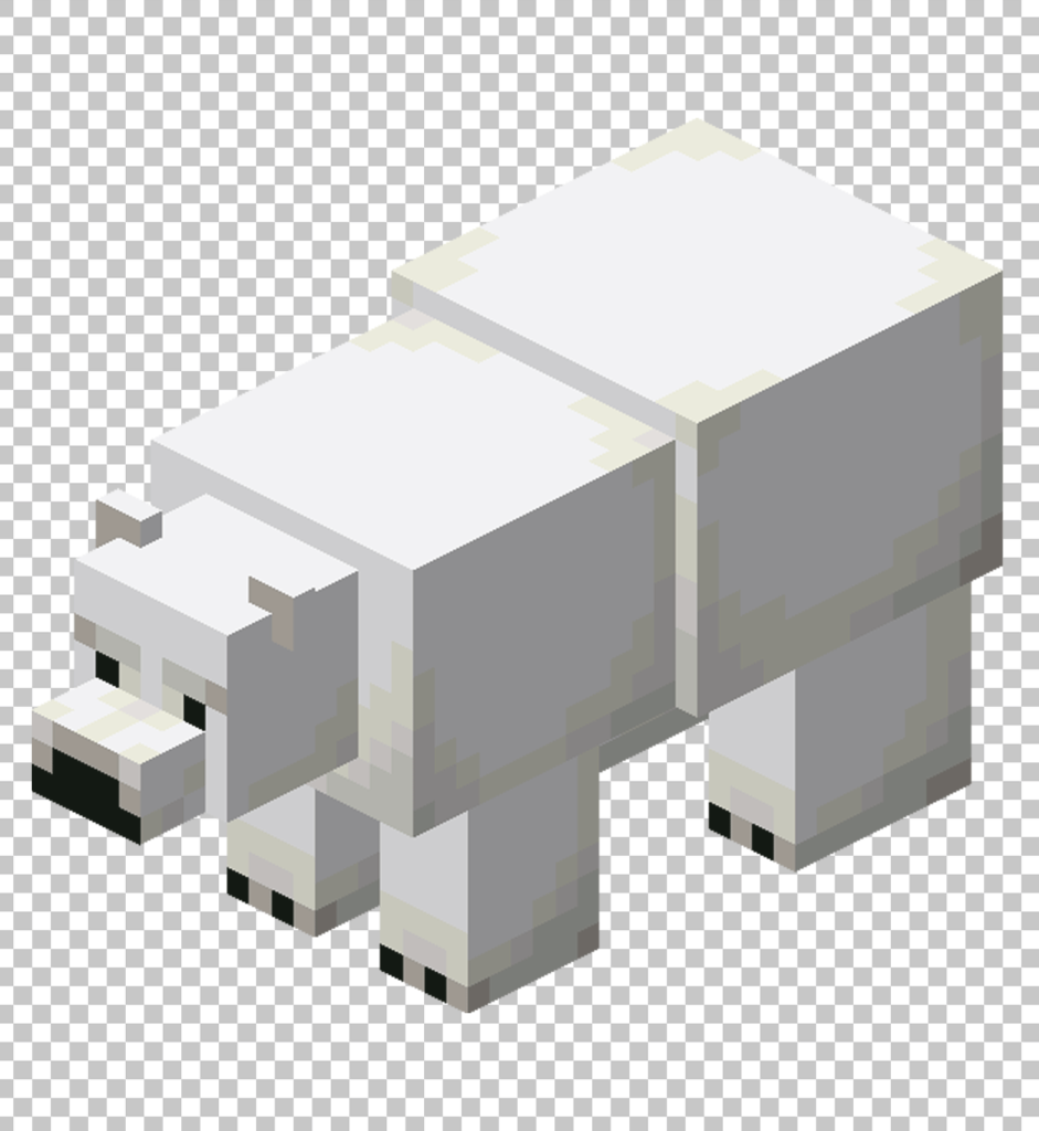 A Minecraft polar bear crafted from blocks, standing against a transparent backdrop.