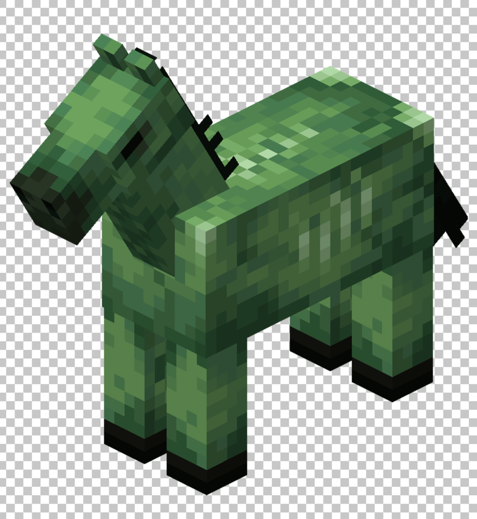 Green Minecraft zombie horse with sunken eyes and a gaping maw, standing on a transparent background.