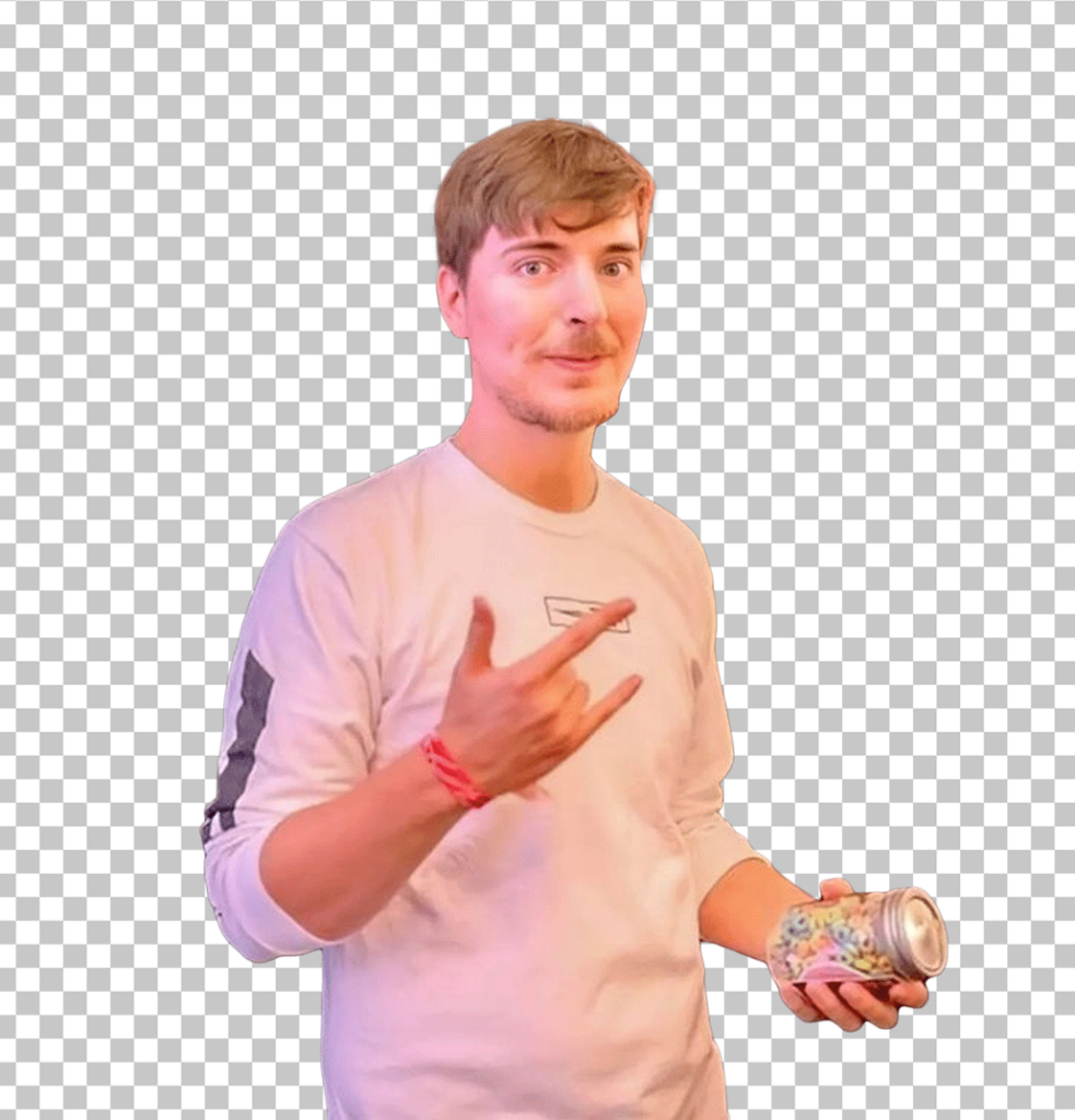 MrBeast Cool Pose and holding a can of soda in his hand.