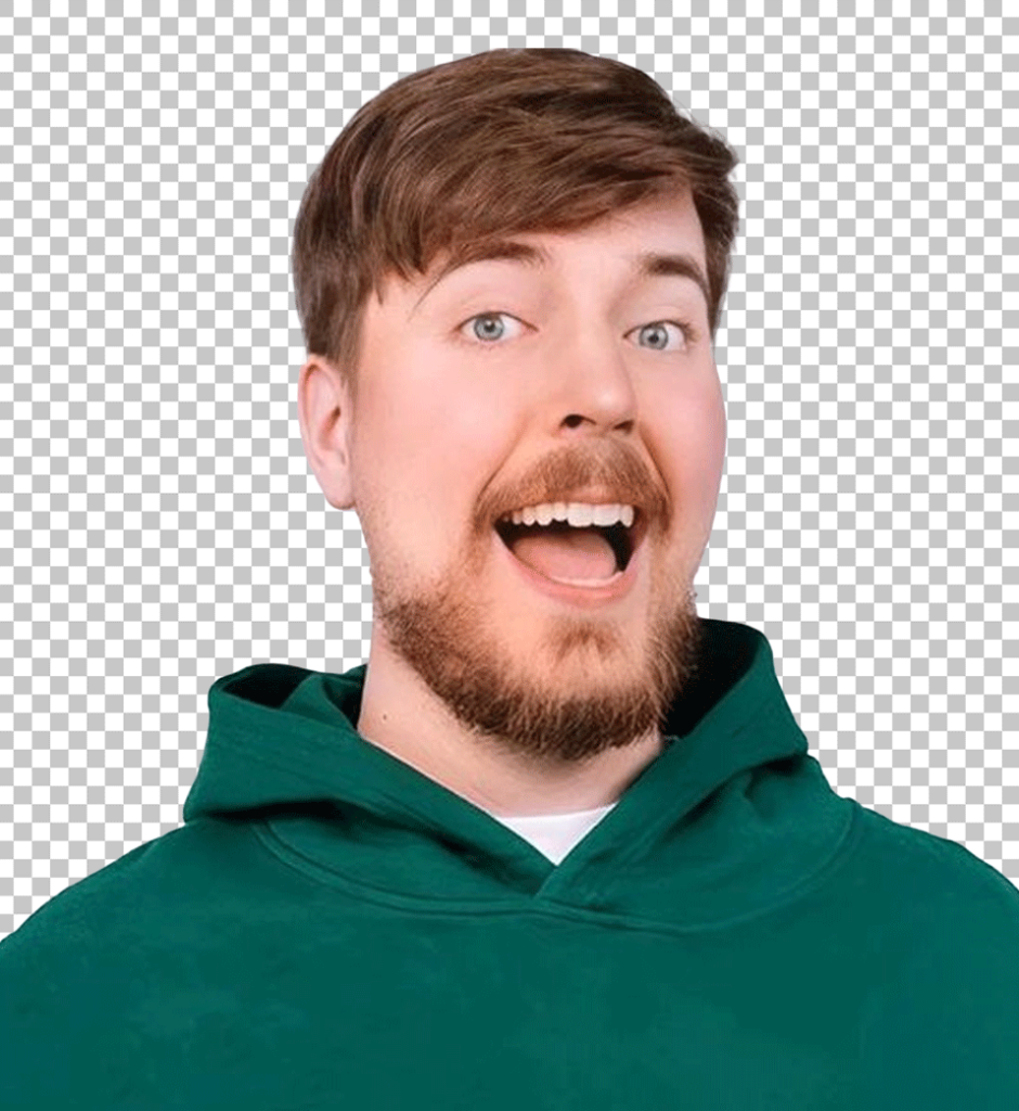 Mr. Beast is wearing a green hoodie with his mouth open and a shocked expression on his face.