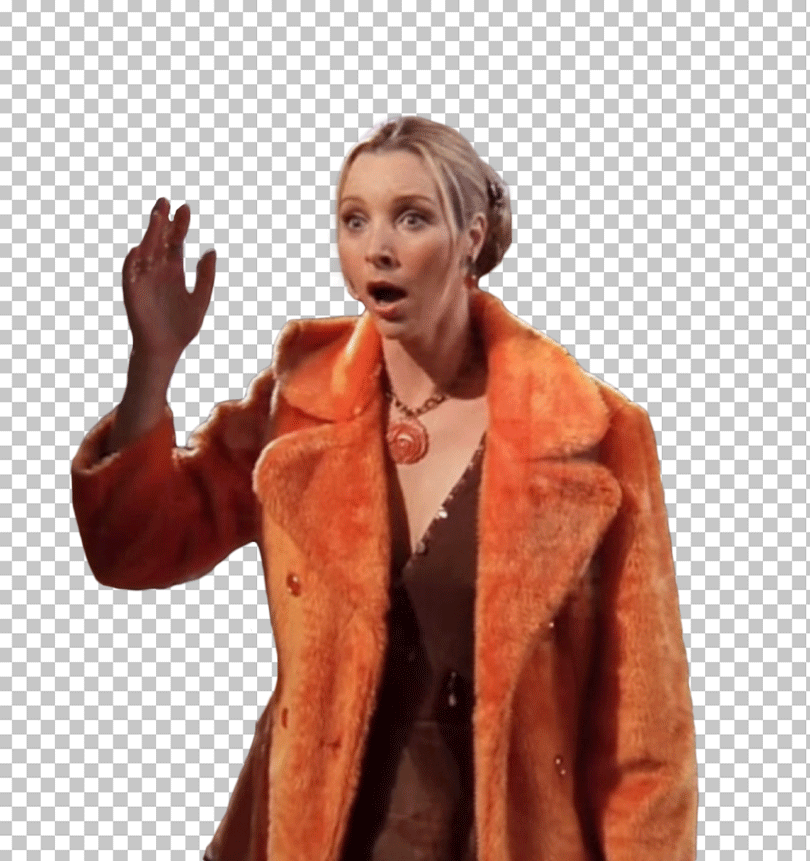 Phoebe Buffay was shocked, wearing an orange fur coat and holding her hand up in the air PNG Image