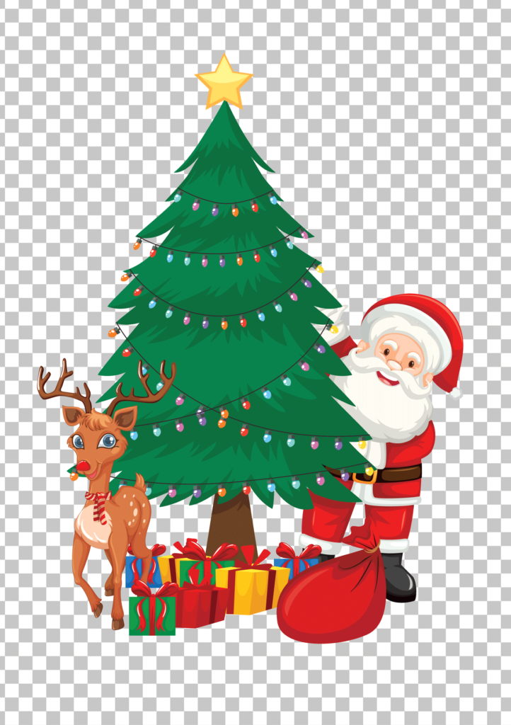 Santa Claus and Reindeer Decorating a Christmas Tree PNG Image