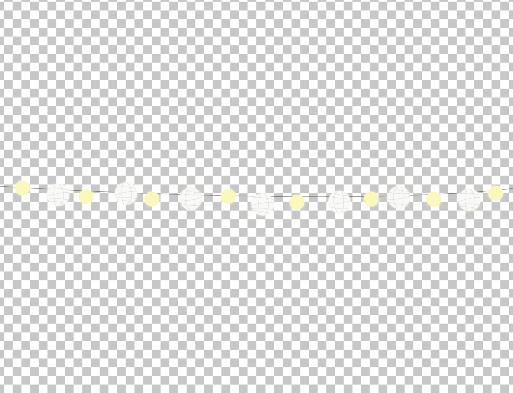 A row of white and yellow string lights on a transparent background.