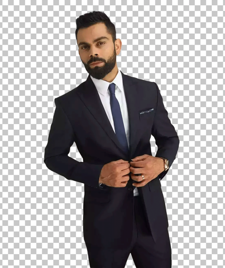 A PNG image of Virat Kohli, wearing a black suit and tie, standing confidently against a transparent background