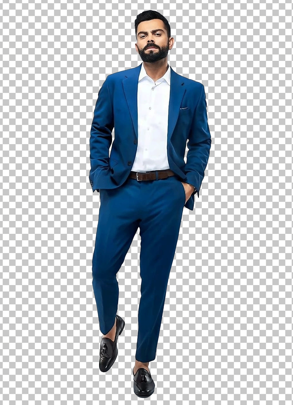 A PNG image of Virat Kohli, a man in a blue suit, standing on a transparent background.