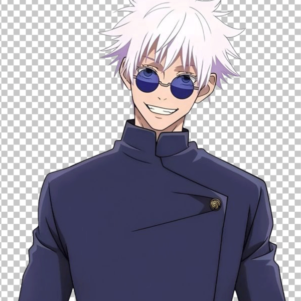 A PNG image of a young Gojo Satoru, an anime character with white hair and sunglasses.
