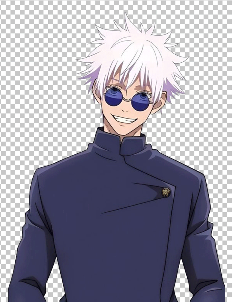 A PNG image of a young Gojo Satoru, an anime character with white hair and sunglasses.