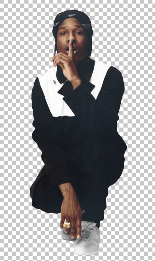 ASAP Rocky sitting with silence gesture PNG Image